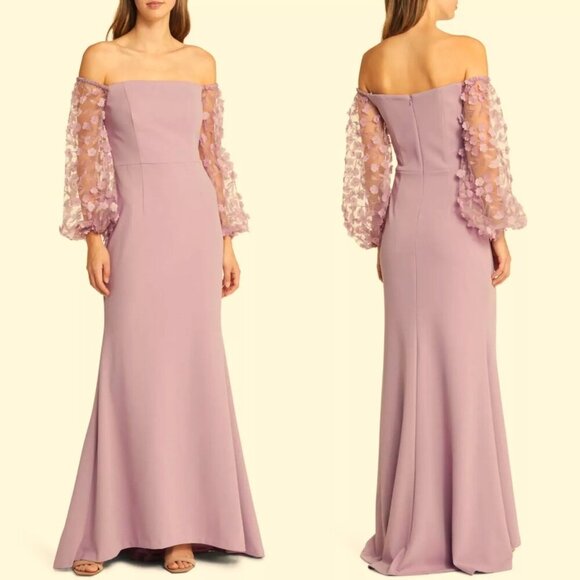 Eliza J Mauve Off the Shoulder 3D Floral Sleeve Scuba Crepe Evening Gown - Picture 1 of 2